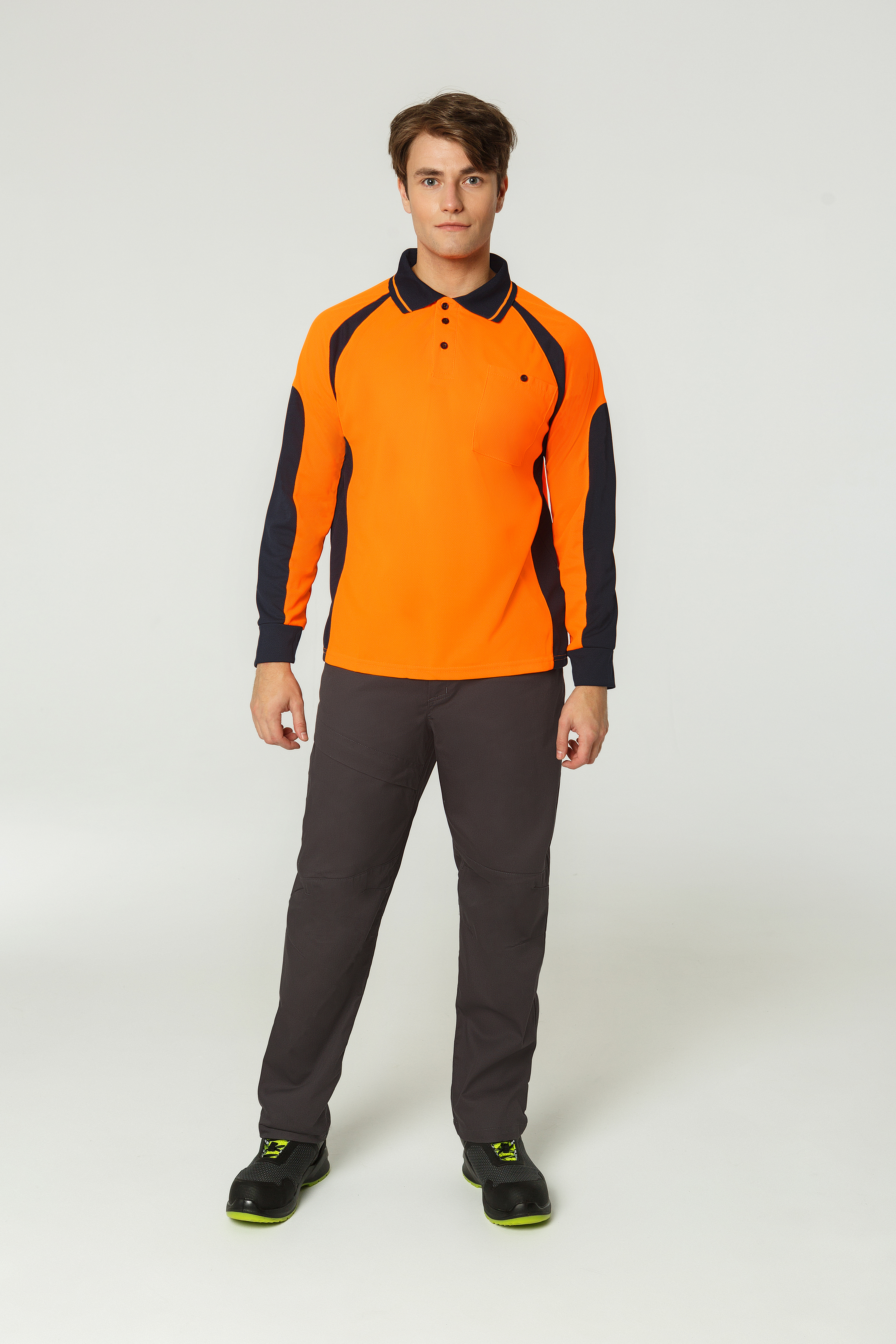 ウェア you1092 YURINOX Hi-Viz 03 Long Sleeve Safety Polo - Orange / Dark Blue